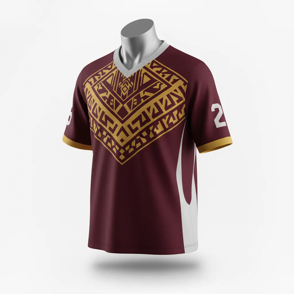 Custom Lacrosse Standard Lacrosse Jersey - Burgundy, Gold - Standard Jersey V Neck Vegas Tribal Clash - Front View - HAMCO Sports Inc.