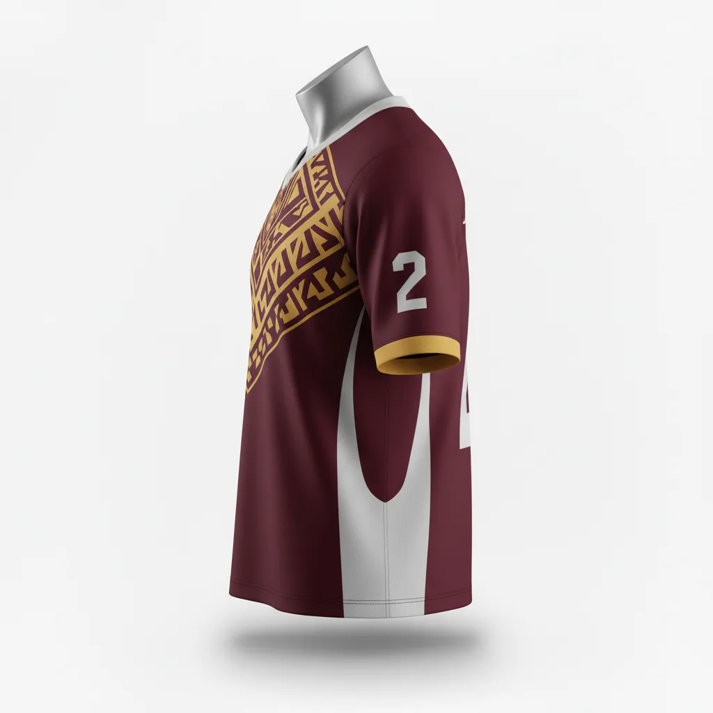 Custom Lacrosse Standard Lacrosse Jersey - Burgundy, Gold - Standard Jersey V Neck Vegas Tribal Clash - Side View - HAMCO Sports Inc.