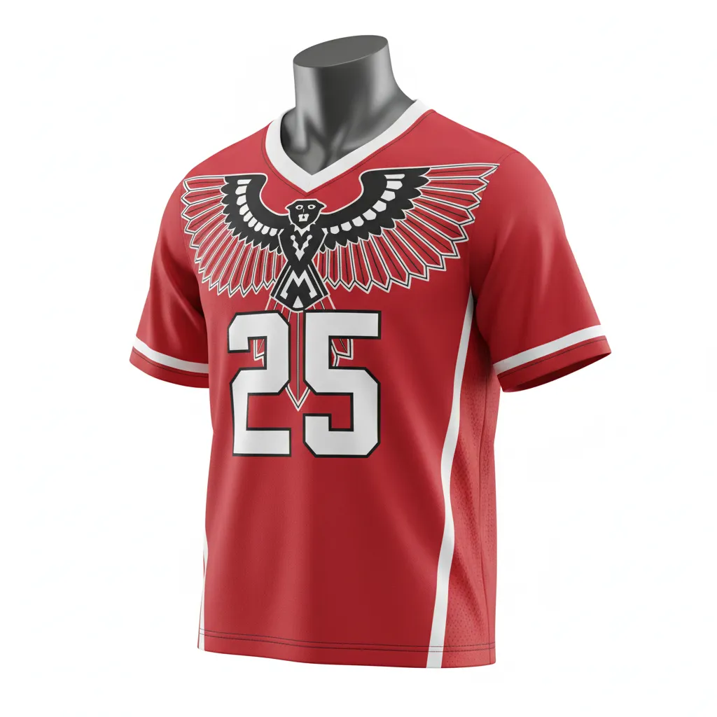 Custom Lacrosse Standard Lacrosse Jersey - Red, White - Standard Jersey V Neck Cardinal Thunderbird Spirit - Front View - HAMCO Sports Inc.