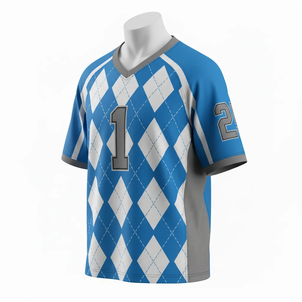 Custom Lacrosse Standard Lacrosse Jersey - Blue, White, Blue - Standard Jersey V Neck Carolina Tar Heel - Front View - HAMCO Sports Inc.