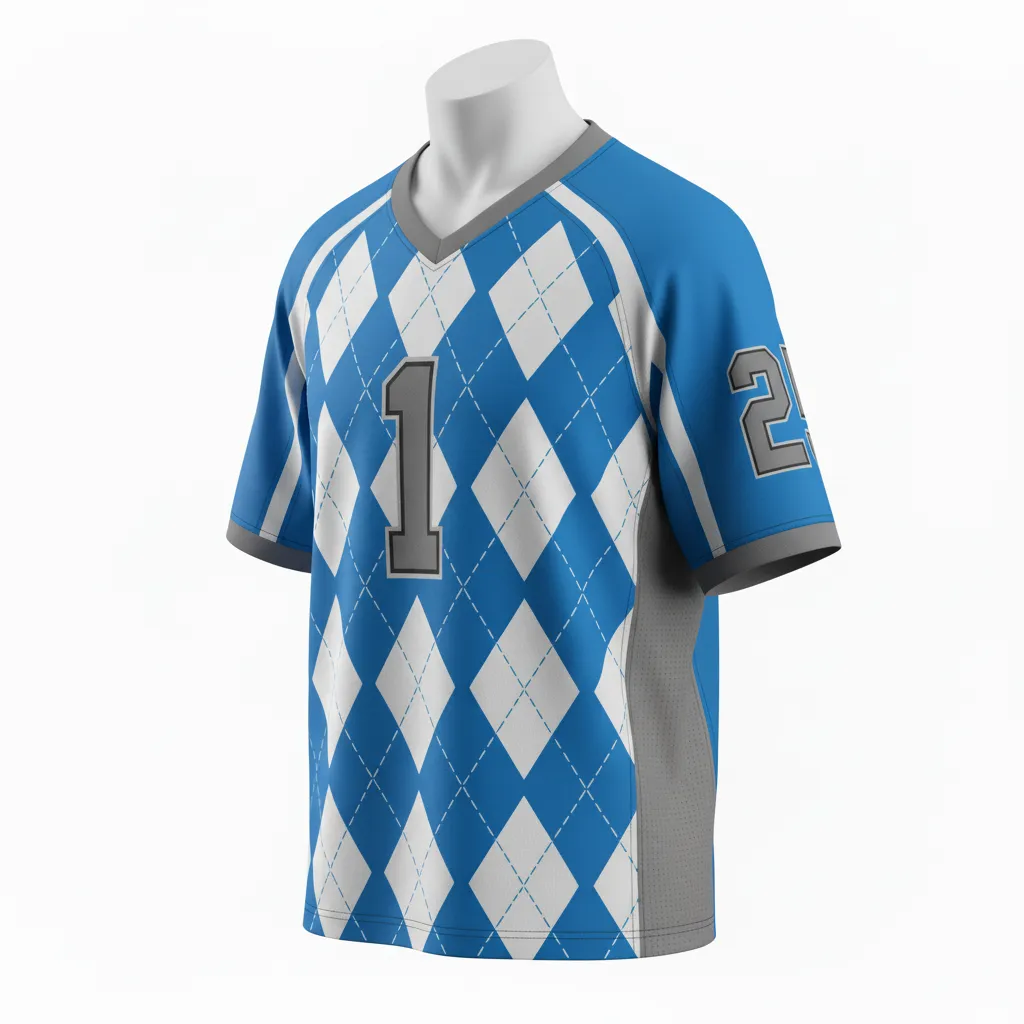 Custom Lacrosse Standard Lacrosse Jersey - Blue, White, Blue - Standard Jersey V Neck Carolina Tar Heel - Side View - HAMCO Sports Inc.