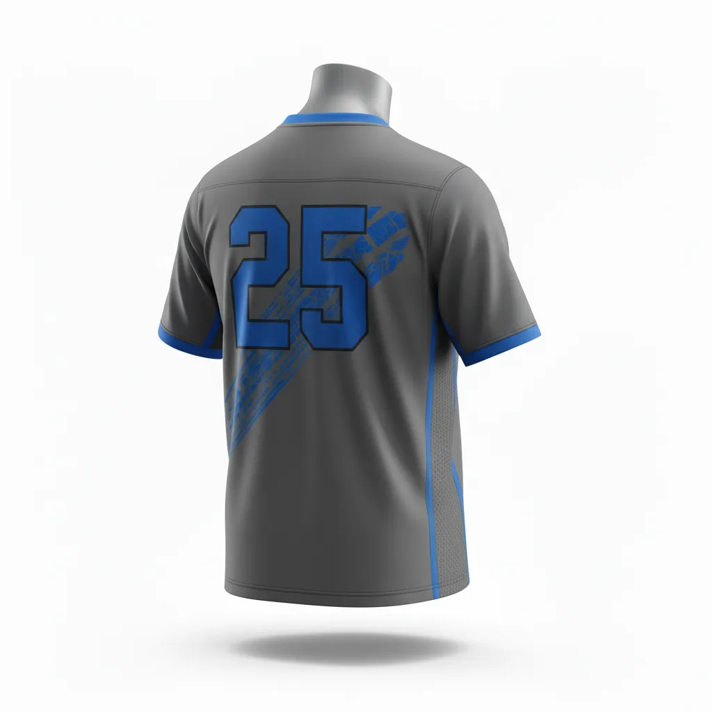 Custom Lacrosse Standard Lacrosse Jersey - Blue - Standard Jersey V Neck Charcoal Electric Cleat Marks Trail - Back View - HAMCO Sports Inc.