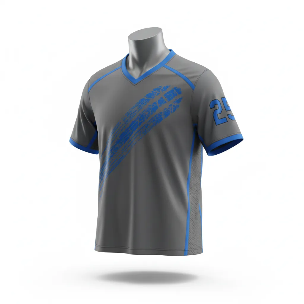 Custom Lacrosse Standard Lacrosse Jersey - Blue - Standard Jersey V Neck Charcoal Electric Cleat Marks Trail - Front View - HAMCO Sports Inc.