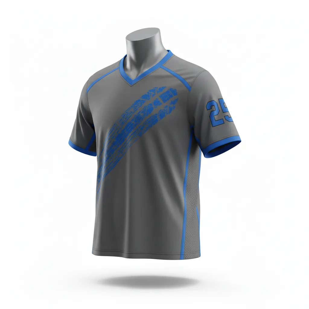Custom Lacrosse Standard Lacrosse Jersey - Blue - Standard Jersey V Neck Charcoal Electric Cleat Marks Trail - Side View - HAMCO Sports Inc.