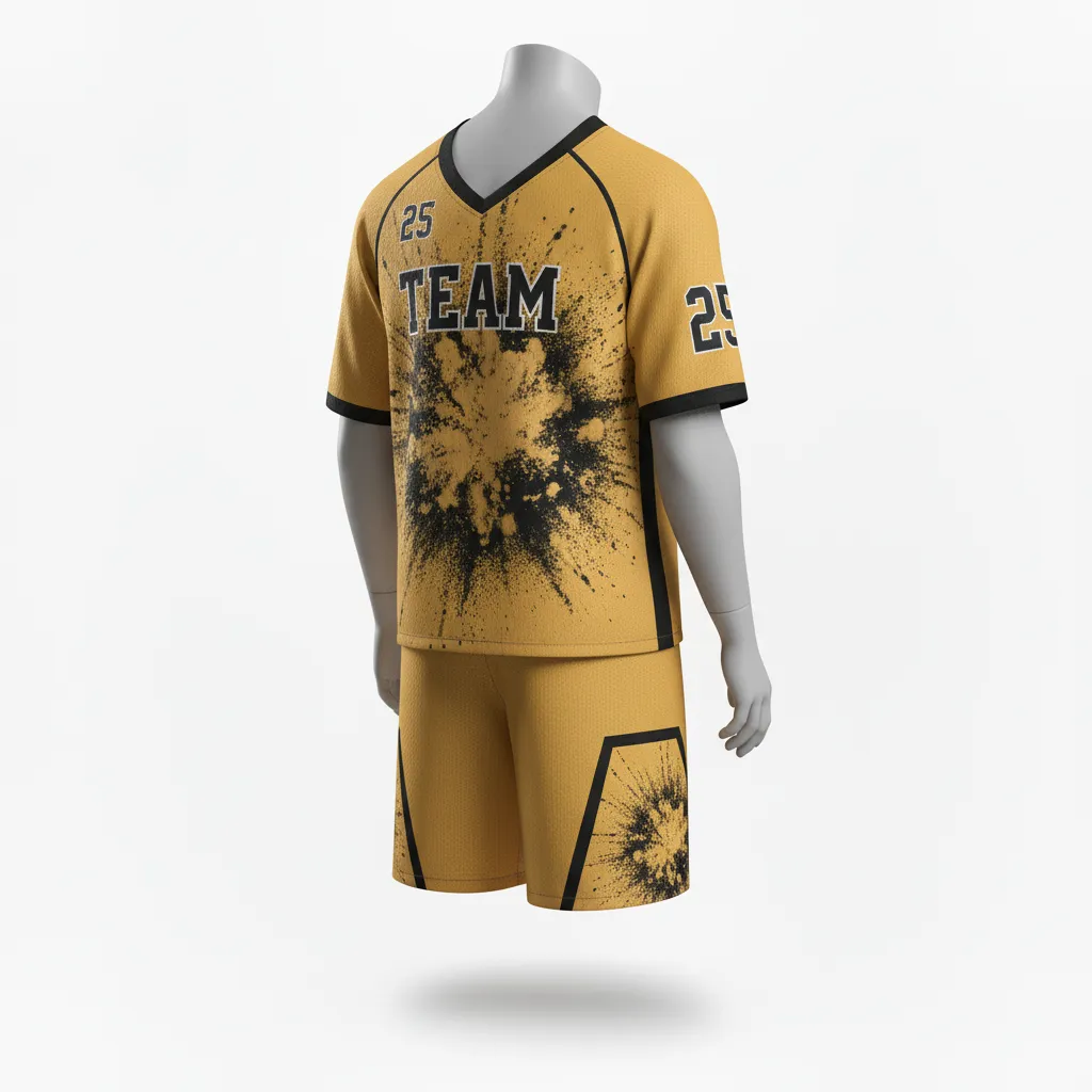 Custom Lacrosse Standard Lacrosse Uniform - Gold, Black - Standard Uniform Athletic Goal Dust Explosion - Front View - HAMCO Sports Inc.