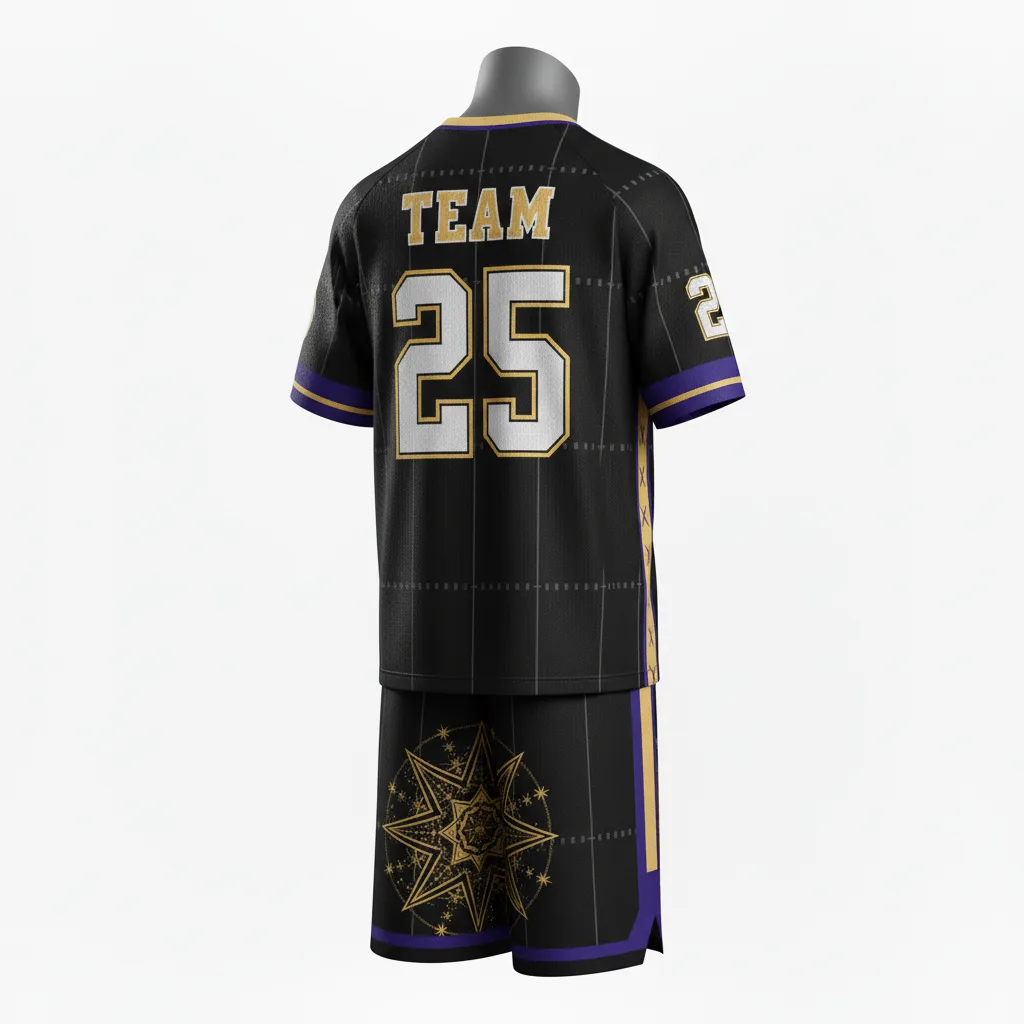Custom Lacrosse Standard Lacrosse Uniform - Black, Gold, Purple - Standard Uniform Creator S Game Celestial - Back View - HAMCO Sports Inc.