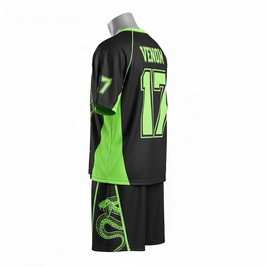 Custom Lacrosse Standard Lacrosse Uniform - Black, Green - Standard Uniform Neon Serpent Strike - Back View - HAMCO Sports Inc.