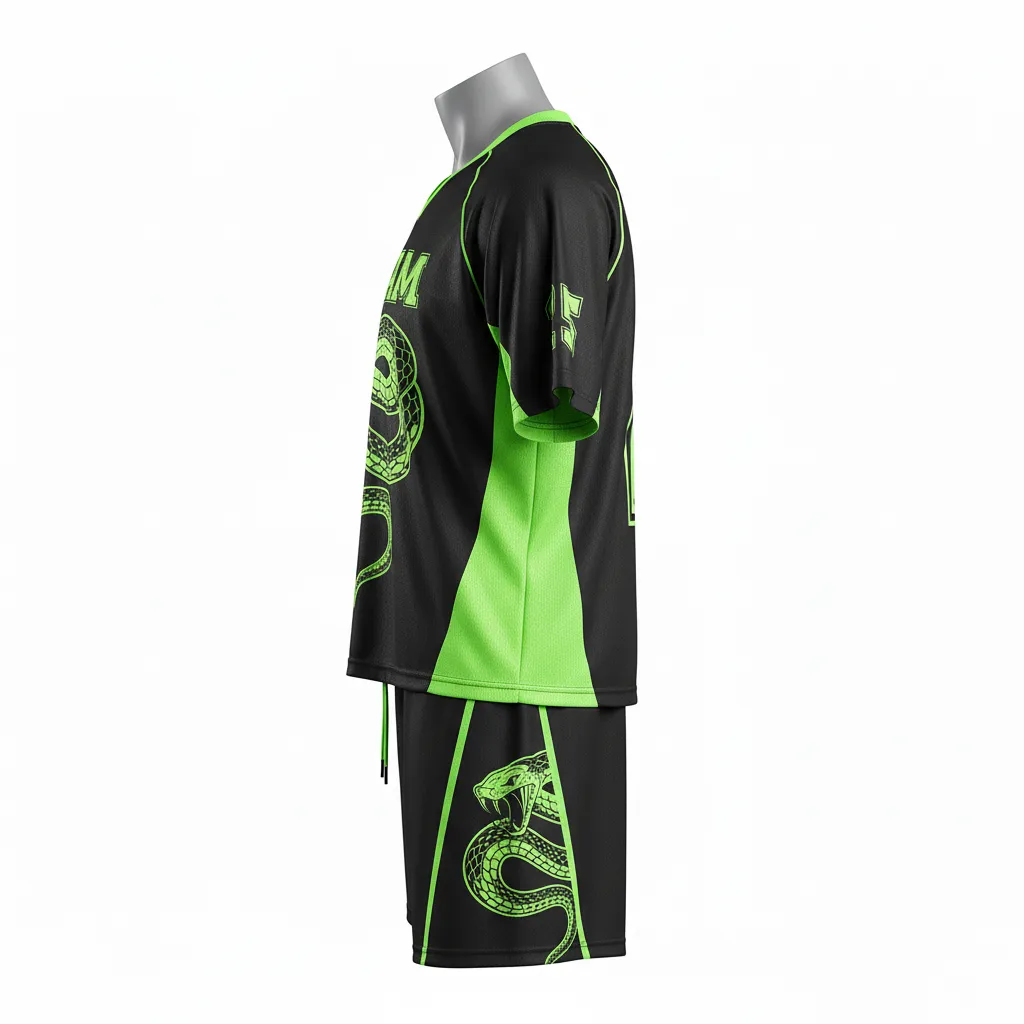 Custom Lacrosse Standard Lacrosse Uniform - Black, Green - Standard Uniform Neon Serpent Strike - Side View - HAMCO Sports Inc.