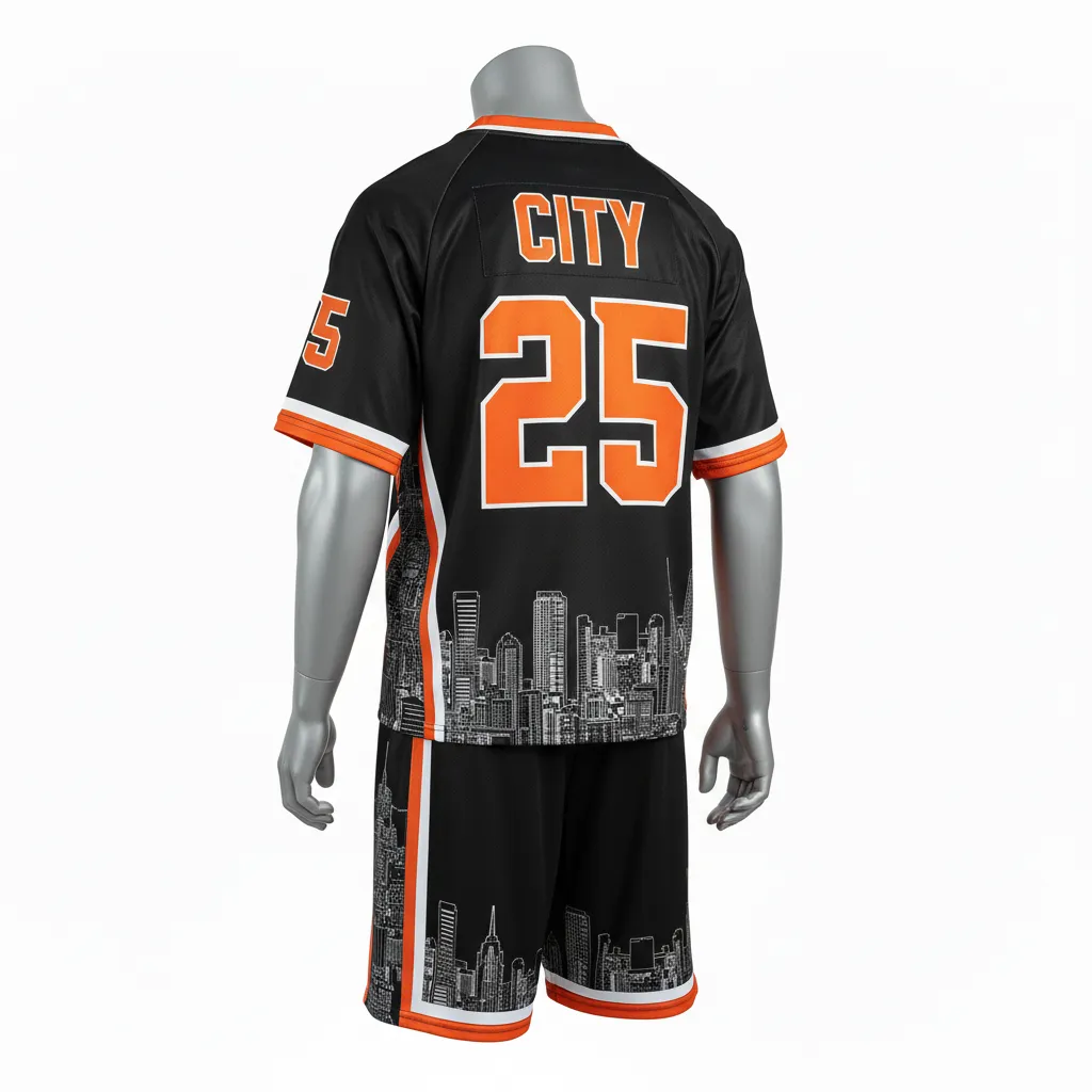 Custom Lacrosse Standard Lacrosse Uniform - Black, Orange, White - Standard Uniform Long Island Strong - Back View - HAMCO Sports Inc.