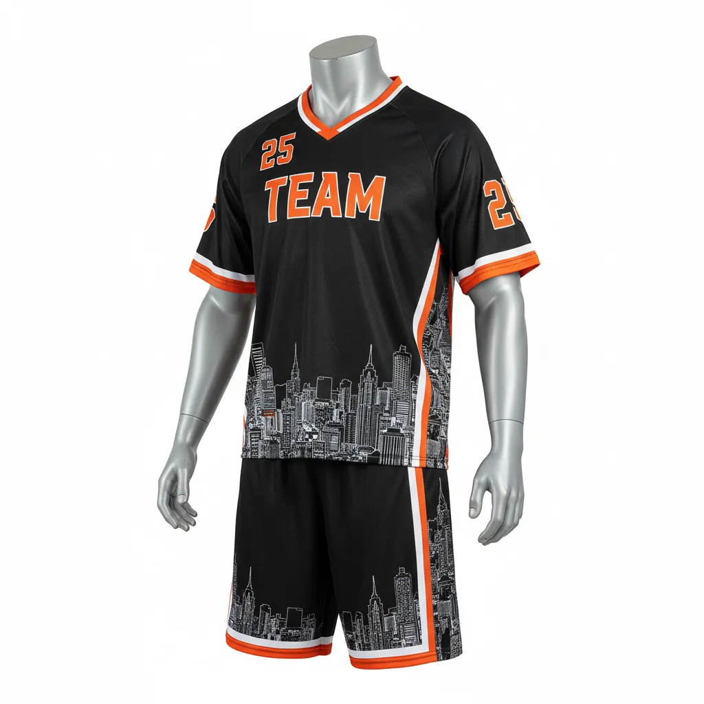 Custom Lacrosse Standard Lacrosse Uniform - Black, Orange, White - Standard Uniform Long Island Strong - Front View - HAMCO Sports Inc.