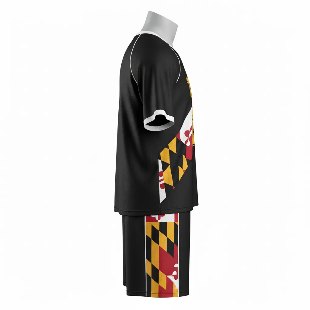 Custom Lacrosse Standard Lacrosse Uniform - Black, Red, Gold - Standard Uniform Maryland Pride - Side View - HAMCO Sports Inc.