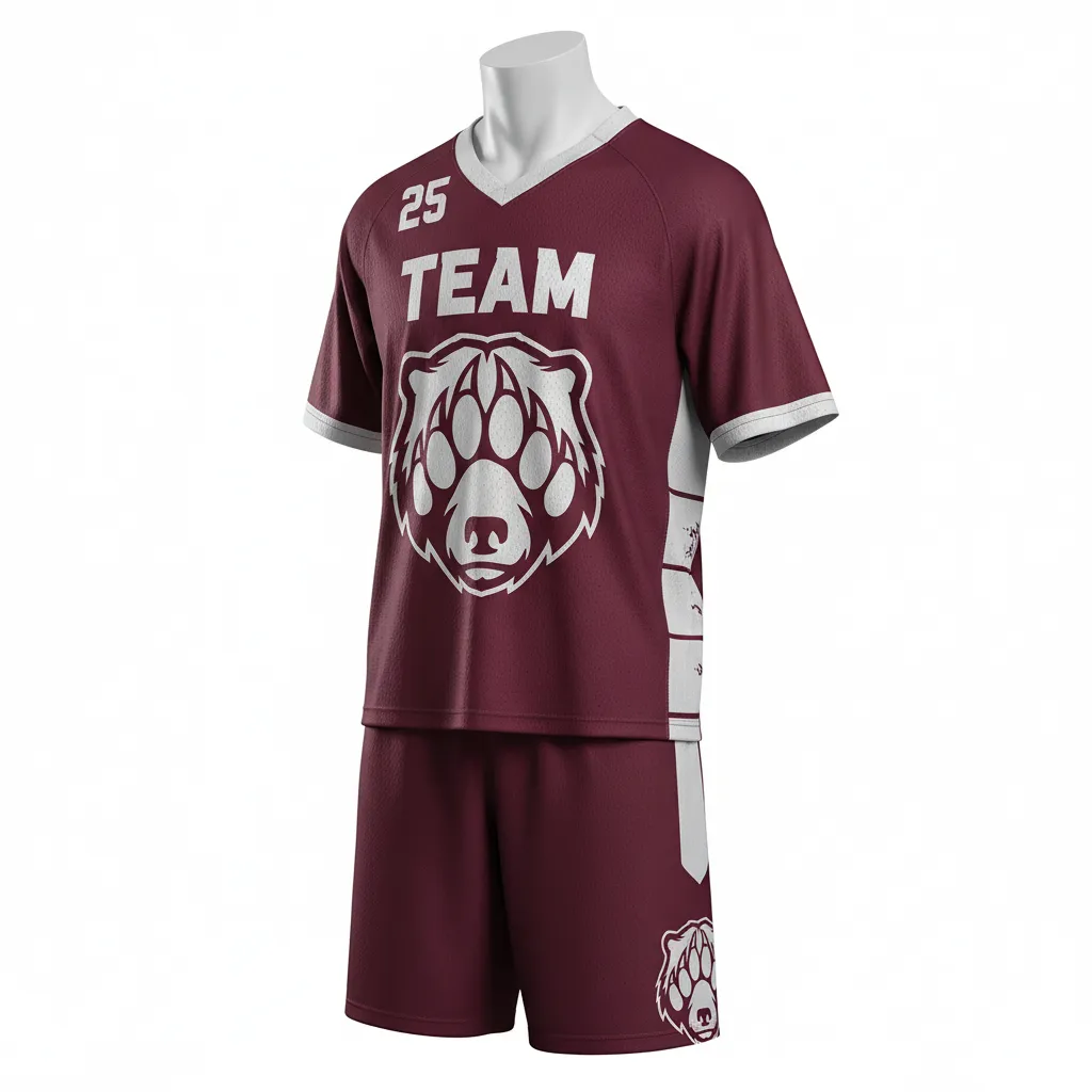 Custom Lacrosse Standard Lacrosse Uniform - Burgundy, Silver - Standard Uniform Bear Clan Strength - Front View - HAMCO Sports Inc.