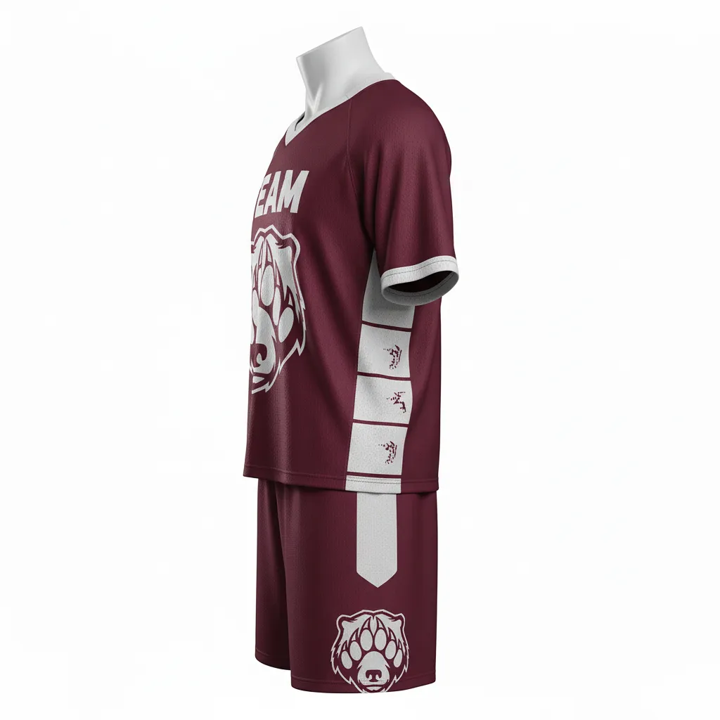 Custom Lacrosse Standard Lacrosse Uniform - Burgundy, Silver - Standard Uniform Bear Clan Strength - Side View - HAMCO Sports Inc.
