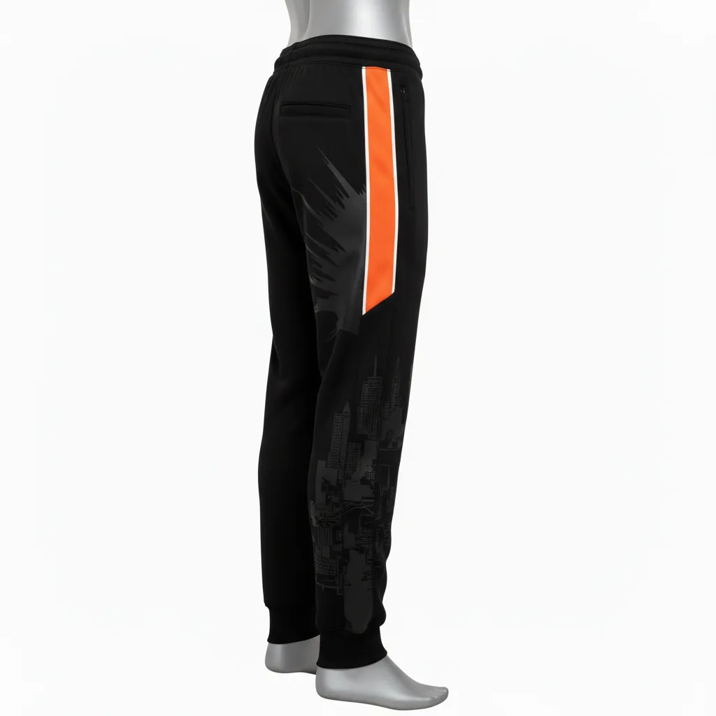 Custom Lacrosse Sweatpant - Black, Orange, White - Sweatpants Long Island Strong - Side View - HAMCO Sports Inc.