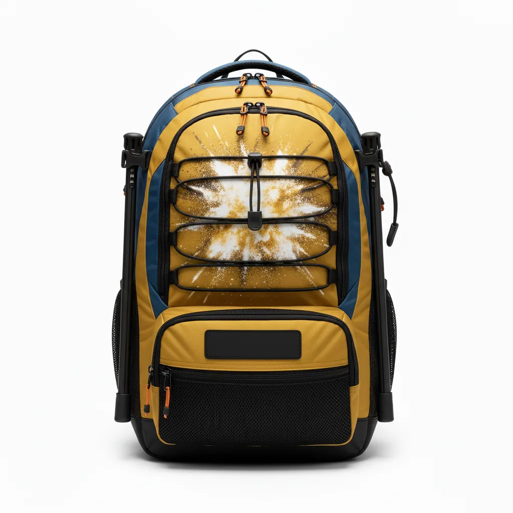 Custom Lacrosse Team Backpack - Gold, Black - Team Backpack Athletic Goal Dust Explosion - Front View - HAMCO Sports Inc.