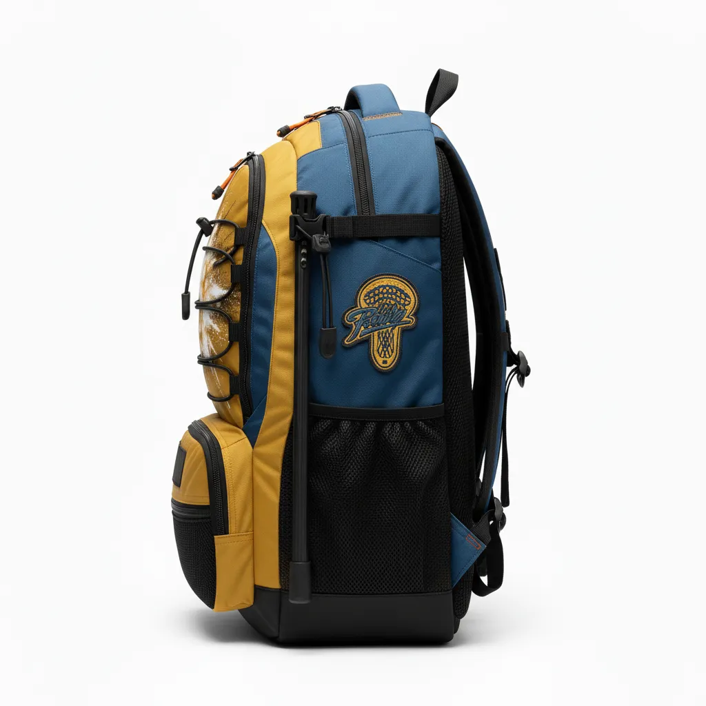 Custom Lacrosse Team Backpack - Gold, Black - Team Backpack Athletic Goal Dust Explosion - Side View - HAMCO Sports Inc.