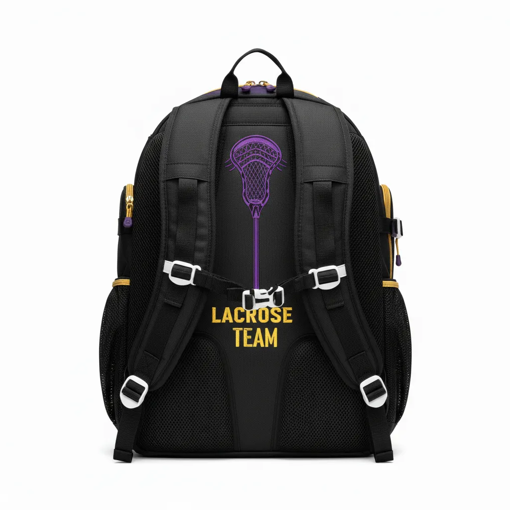 Custom Lacrosse Team Backpack - Black, Gold, Purple - Team Backpack Creator S Game Celestial - Back View - HAMCO Sports Inc.