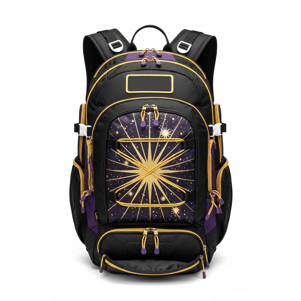Custom Lacrosse Team Backpack - Black, Gold, Purple - Team Backpack Creator S Game Celestial - Front View - HAMCO Sports Inc.