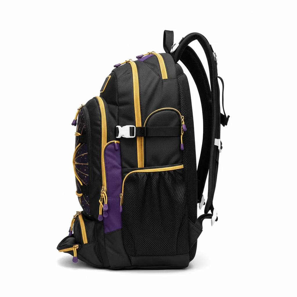 Custom Lacrosse Team Backpack - Black, Gold, Purple - Team Backpack Creator S Game Celestial - Side View - HAMCO Sports Inc.