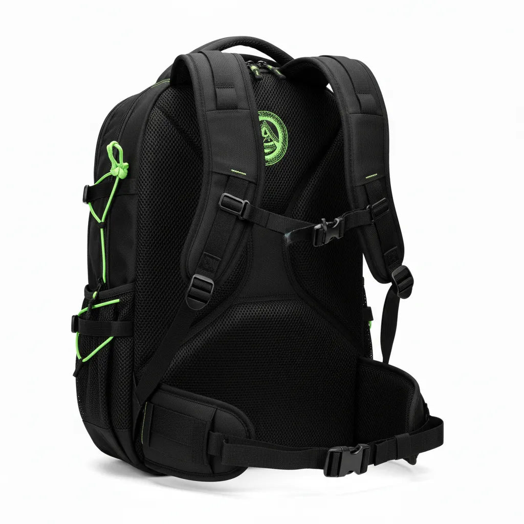 Custom Lacrosse Team Backpack - Black, Green - Team Backpack Neon Serpent Strike - Back View - HAMCO Sports Inc.