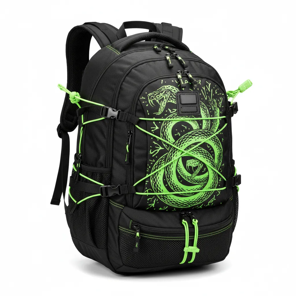 Custom Lacrosse Team Backpack - Black, Green - Team Backpack Neon Serpent Strike - Front View - HAMCO Sports Inc.