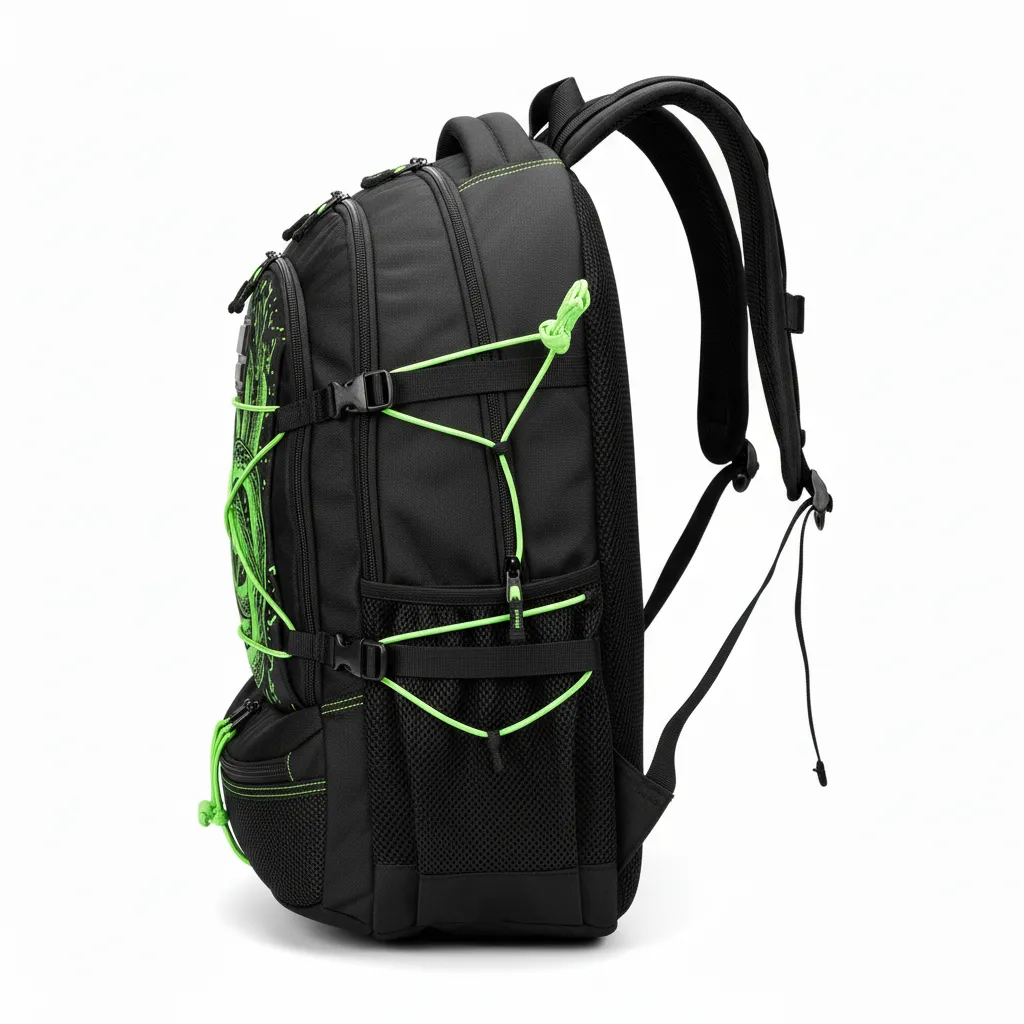 Custom Lacrosse Team Backpack - Black, Green - Team Backpack Neon Serpent Strike - Side View - HAMCO Sports Inc.