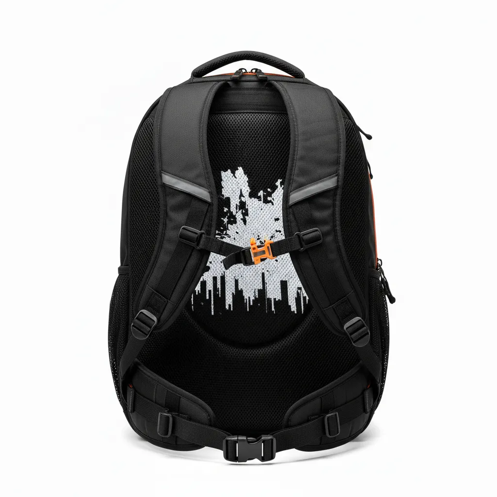 Custom Lacrosse Team Backpack - Black, Orange, White - Team Backpack Long Island Strong - Back View - HAMCO Sports Inc.