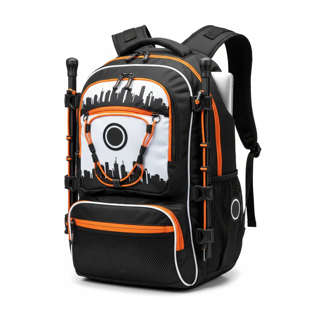 Custom Lacrosse Team Backpack - Black, Orange, White - Team Backpack Long Island Strong - Front View - HAMCO Sports Inc.