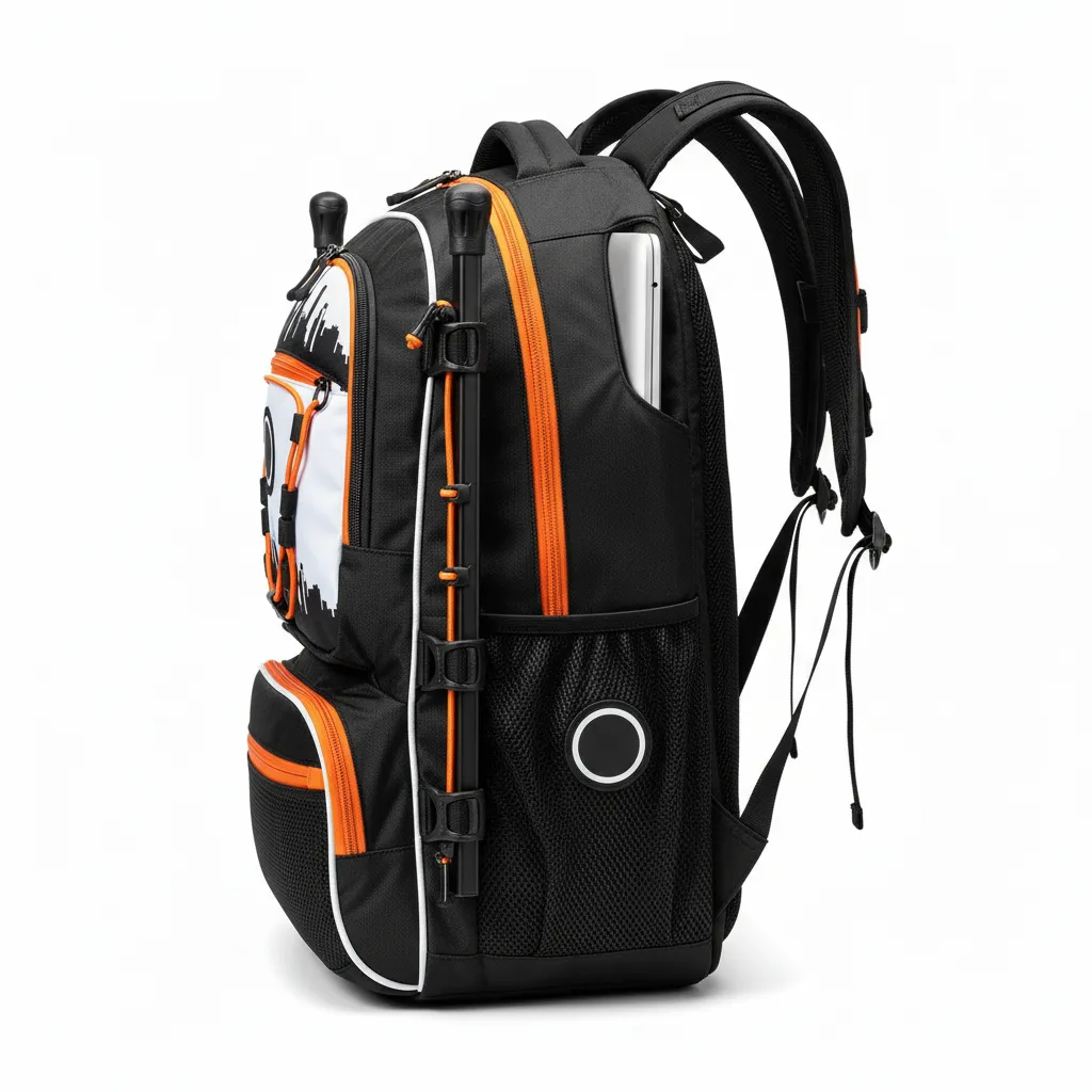 Custom Lacrosse Team Backpack - Black, Orange, White - Team Backpack Long Island Strong - Side View - HAMCO Sports Inc.