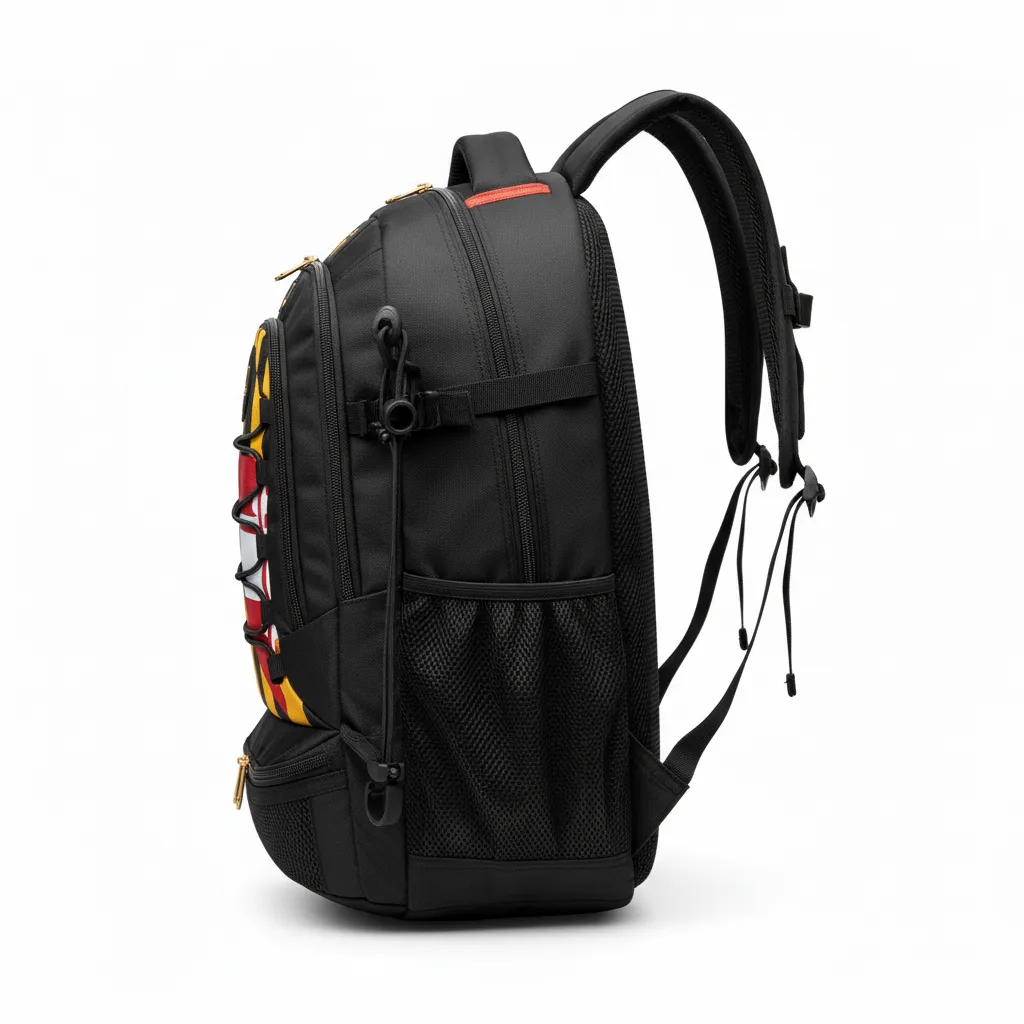 Custom Lacrosse Team Backpack - Black, Red, Gold - Team Backpack Maryland Pride - Side View - HAMCO Sports Inc.