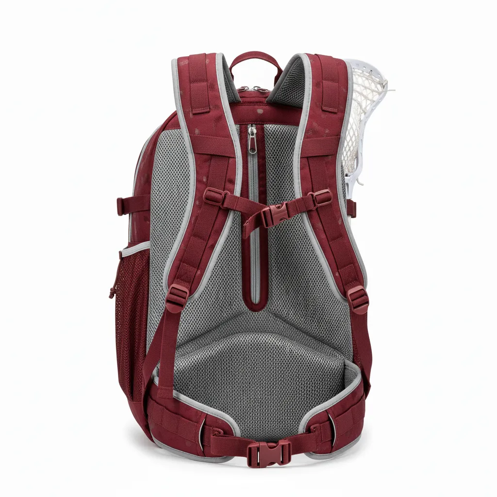 Custom Lacrosse Team Backpack - Burgundy, Silver - Team Backpack Bear Clan Strength - Back View - HAMCO Sports Inc.