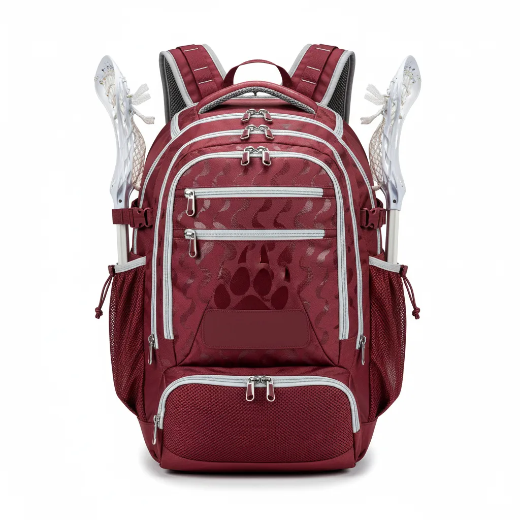 Custom Lacrosse Team Backpack - Burgundy, Silver - Team Backpack Bear Clan Strength - Front View - HAMCO Sports Inc.