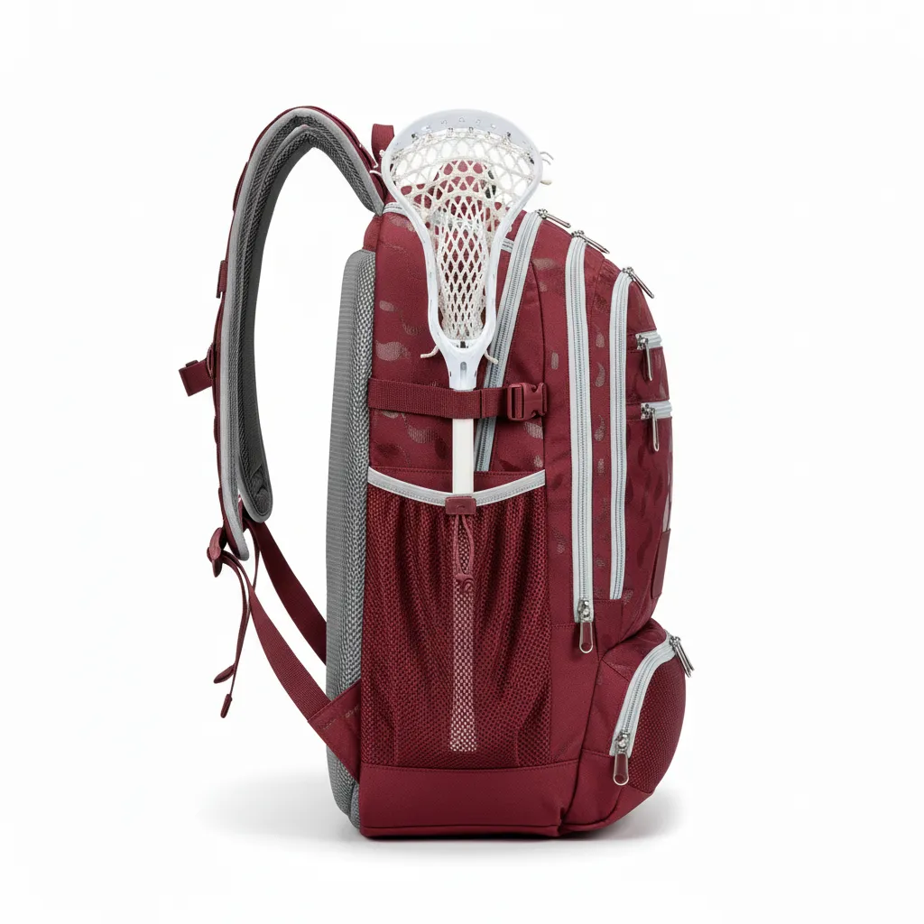 Custom Lacrosse Team Backpack - Burgundy, Silver - Team Backpack Bear Clan Strength - Side View - HAMCO Sports Inc.