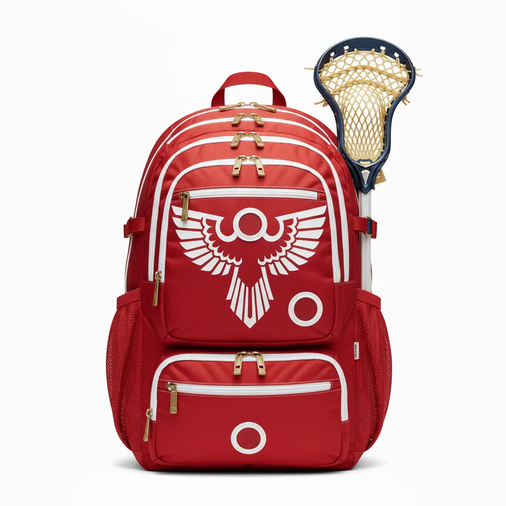 Custom Lacrosse Team Backpack - Red, White - Team Backpack Cardinal Thunderbird Spirit - Front View - HAMCO Sports Inc.