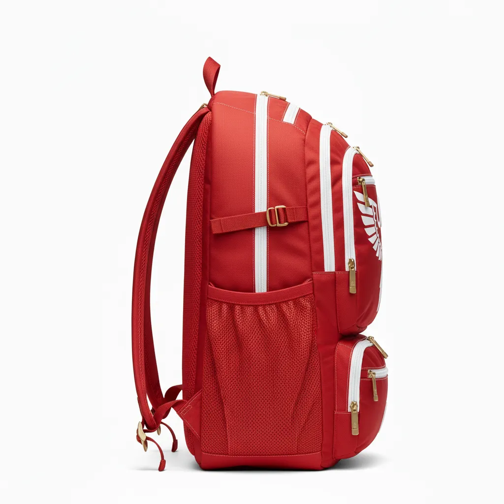 Custom Lacrosse Team Backpack - Red, White - Team Backpack Cardinal Thunderbird Spirit - Side View - HAMCO Sports Inc.