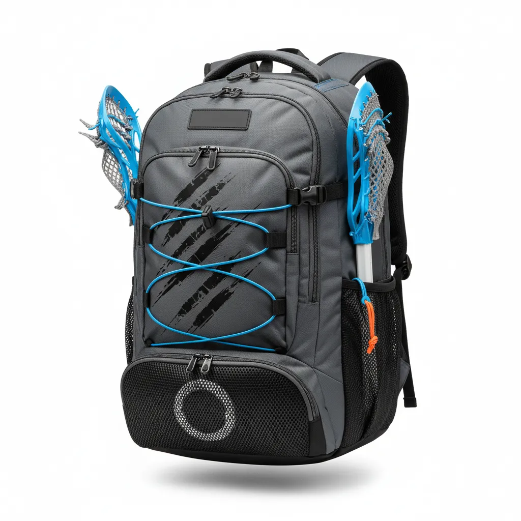 Custom Lacrosse Team Backpack - Blue - Team Backpack Charcoal Electric Cleat Marks Trail - Front View - HAMCO Sports Inc.