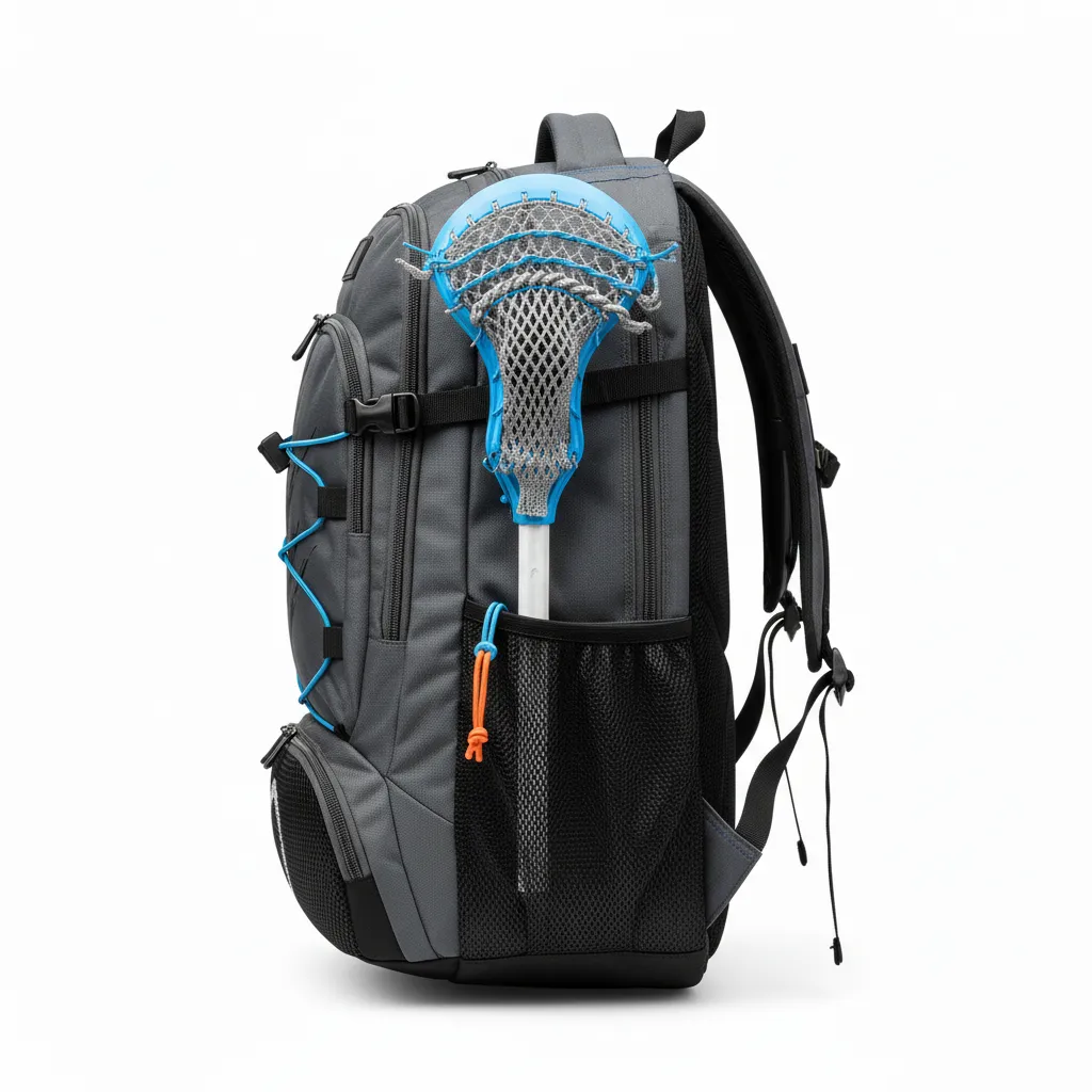 Custom Lacrosse Team Backpack - Blue - Team Backpack Charcoal Electric Cleat Marks Trail - Side View - HAMCO Sports Inc.