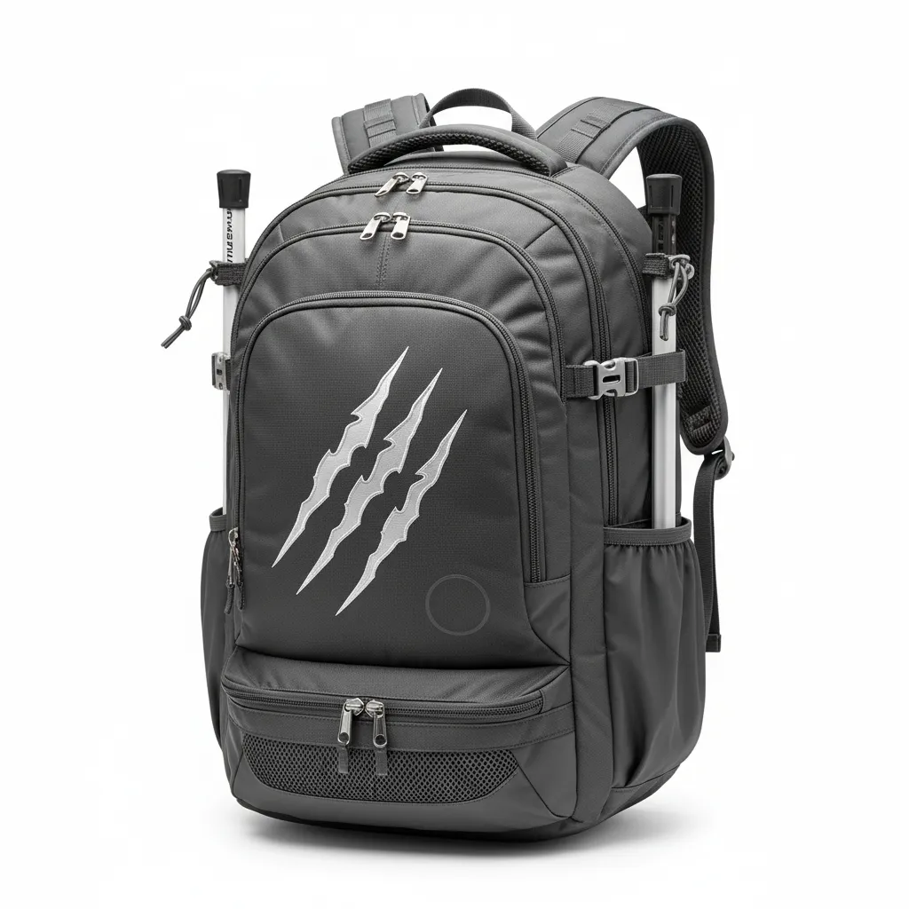 Custom Lacrosse Team Backpack - Grey, Silver - Team Backpack Charcoal Wolf Pack Hunt - Front View - HAMCO Sports Inc.