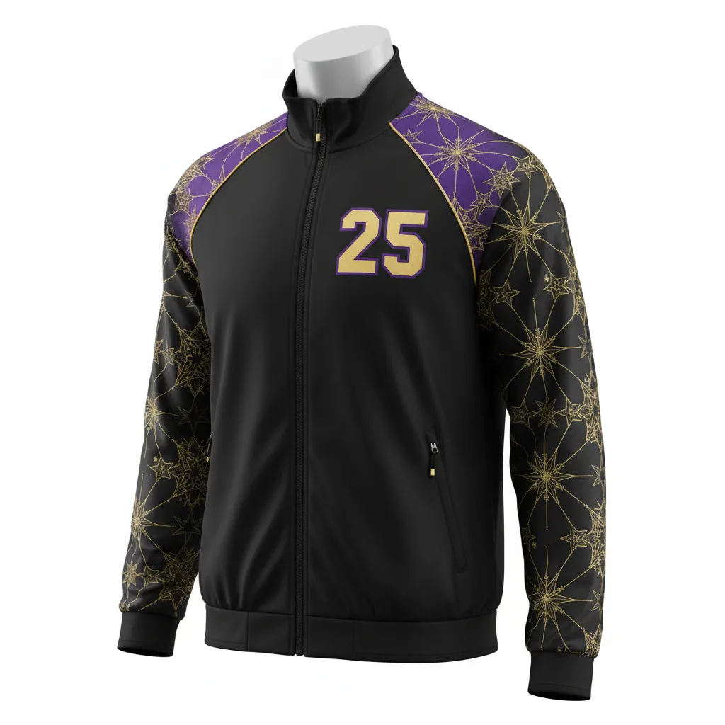 Custom Lacrosse Track Jacket - Black, Gold, Purple - Track Jacket Creator S Game Celestial - Front View - HAMCO Sports Inc.