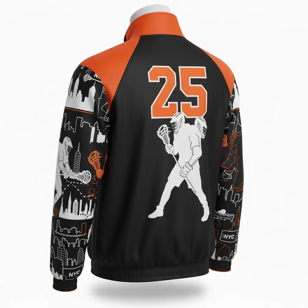 Custom Lacrosse Track Jacket - Black, Orange, White - Track Jacket Long Island Strong - Front View - HAMCO Sports Inc.