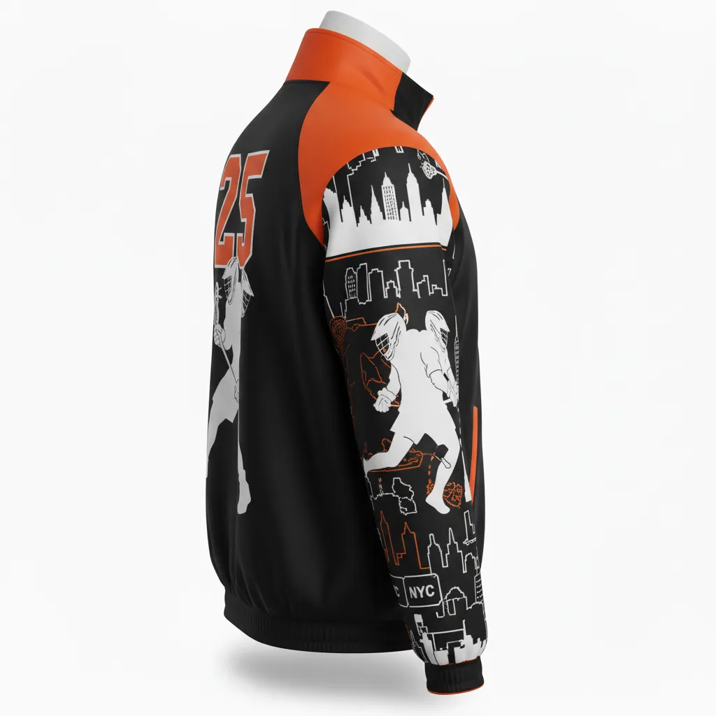 Custom Lacrosse Track Jacket - Black, Orange, White - Track Jacket Long Island Strong - Side View - HAMCO Sports Inc.