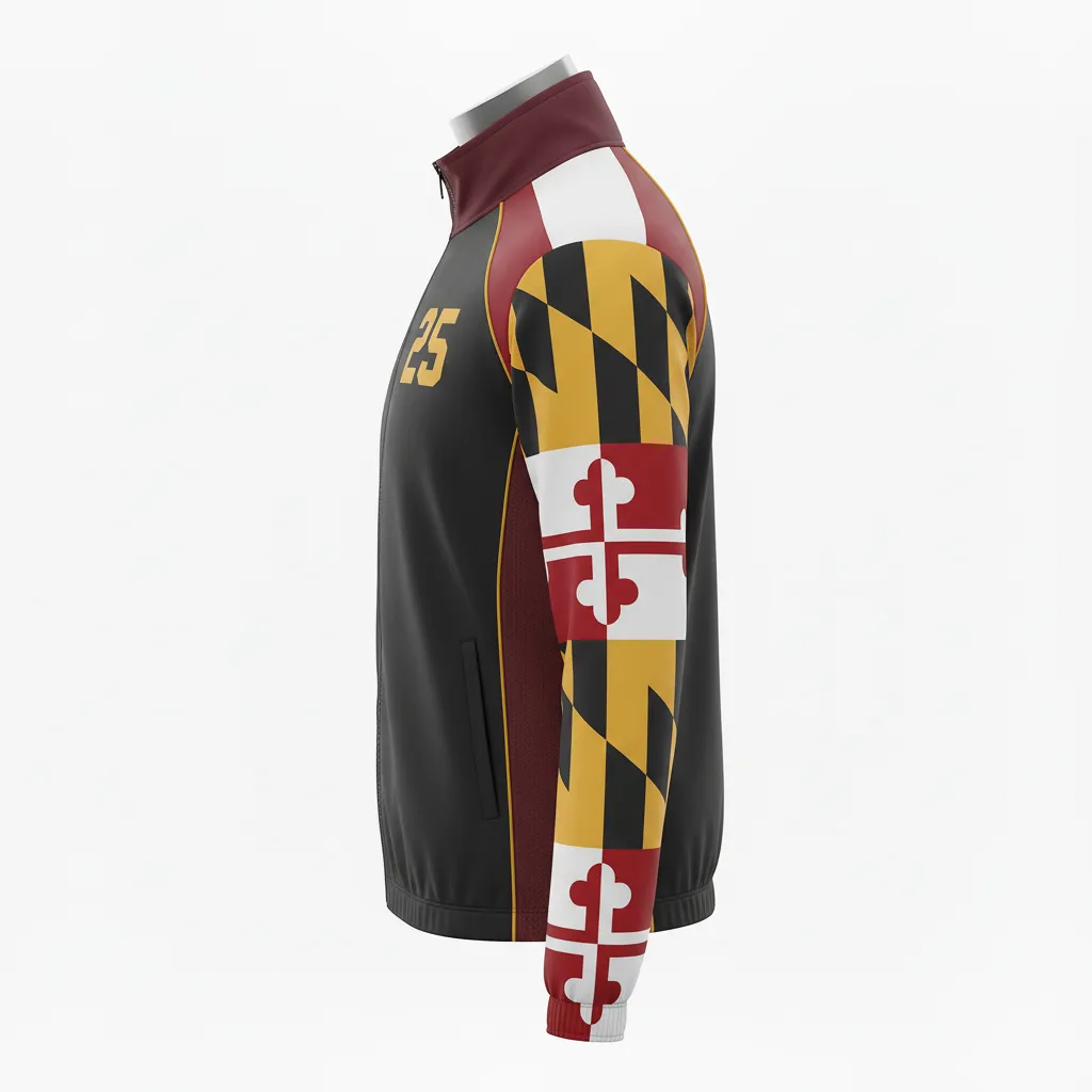 Custom Lacrosse Track Jacket - Black, Red, Gold - Track Jacket Maryland Pride - Side View - HAMCO Sports Inc.