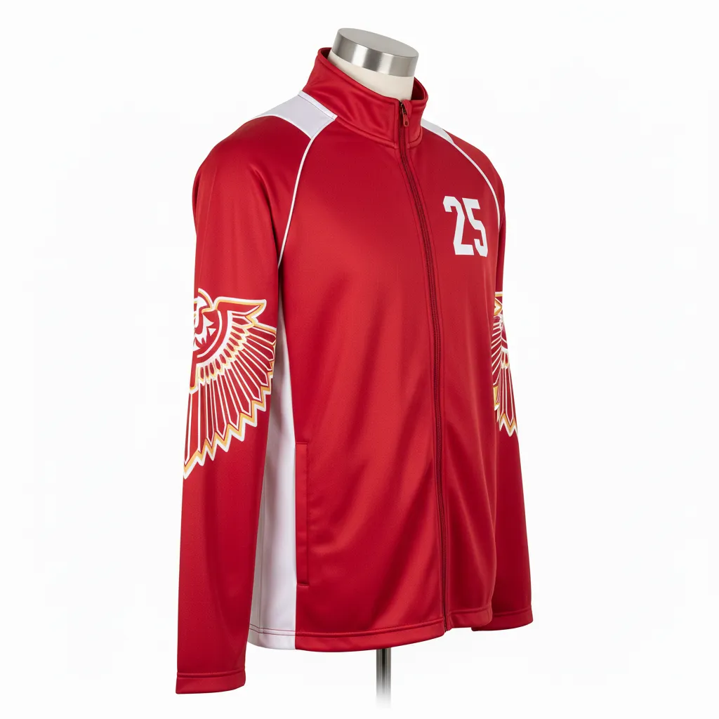 Custom Lacrosse Track Jacket - Red, White - Track Jacket Cardinal Thunderbird Spirit - Front View - HAMCO Sports Inc.