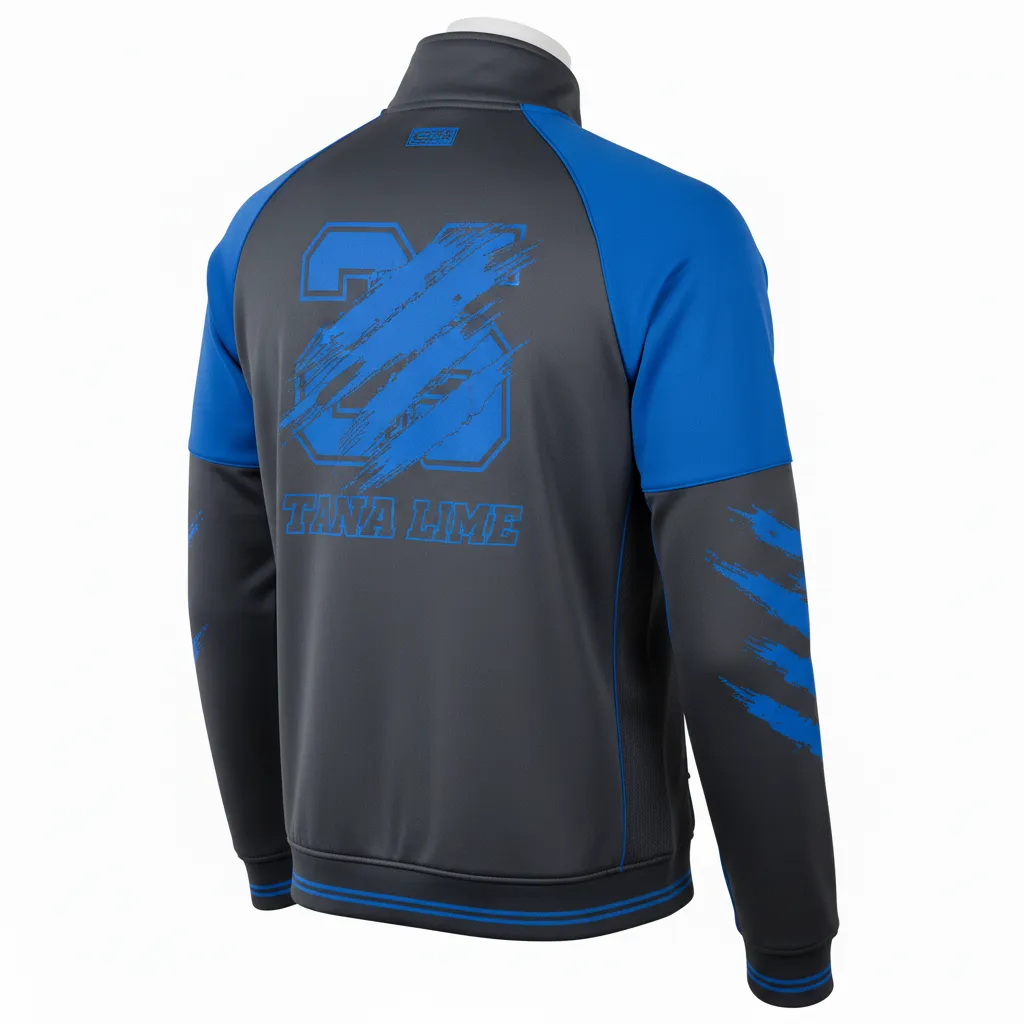 Custom Lacrosse Track Jacket - Blue - Track Jacket Charcoal Electric Cleat Marks Trail - Back View - HAMCO Sports Inc.