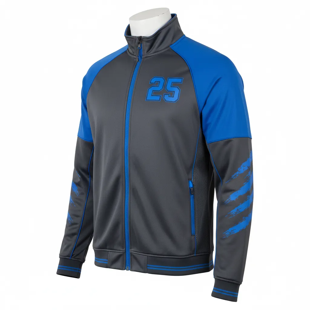 Custom Lacrosse Track Jacket - Blue - Track Jacket Charcoal Electric Cleat Marks Trail - Front View - HAMCO Sports Inc.