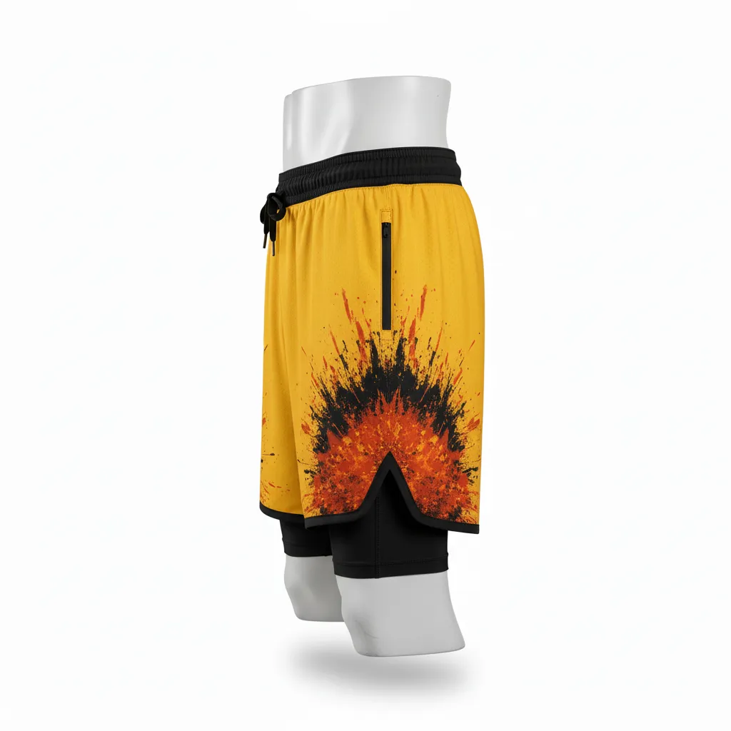 Custom Lacrosse Training Shorts - Gold, Black - Training Shorts Athletic Goal Dust Explosion - Side View - HAMCO Sports Inc.