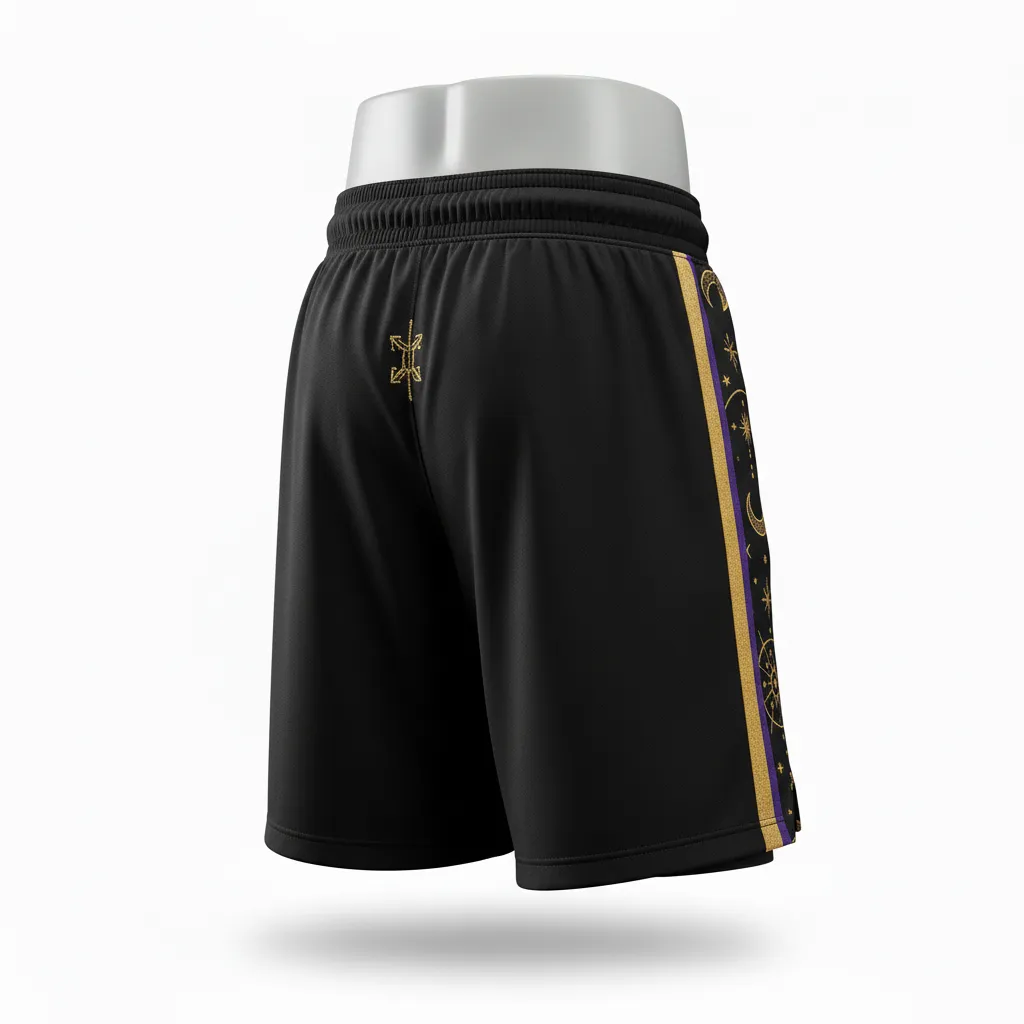Custom Lacrosse Training Shorts - Black, Gold, Purple - Training Shorts Creator S Game Celestial - Back View - HAMCO Sports Inc.