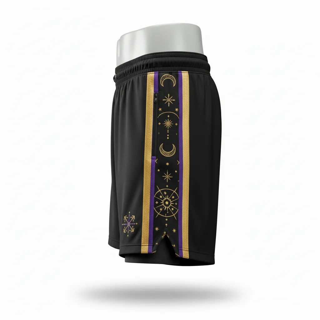 Custom Lacrosse Training Shorts - Black, Gold, Purple - Training Shorts Creator S Game Celestial - Side View - HAMCO Sports Inc.