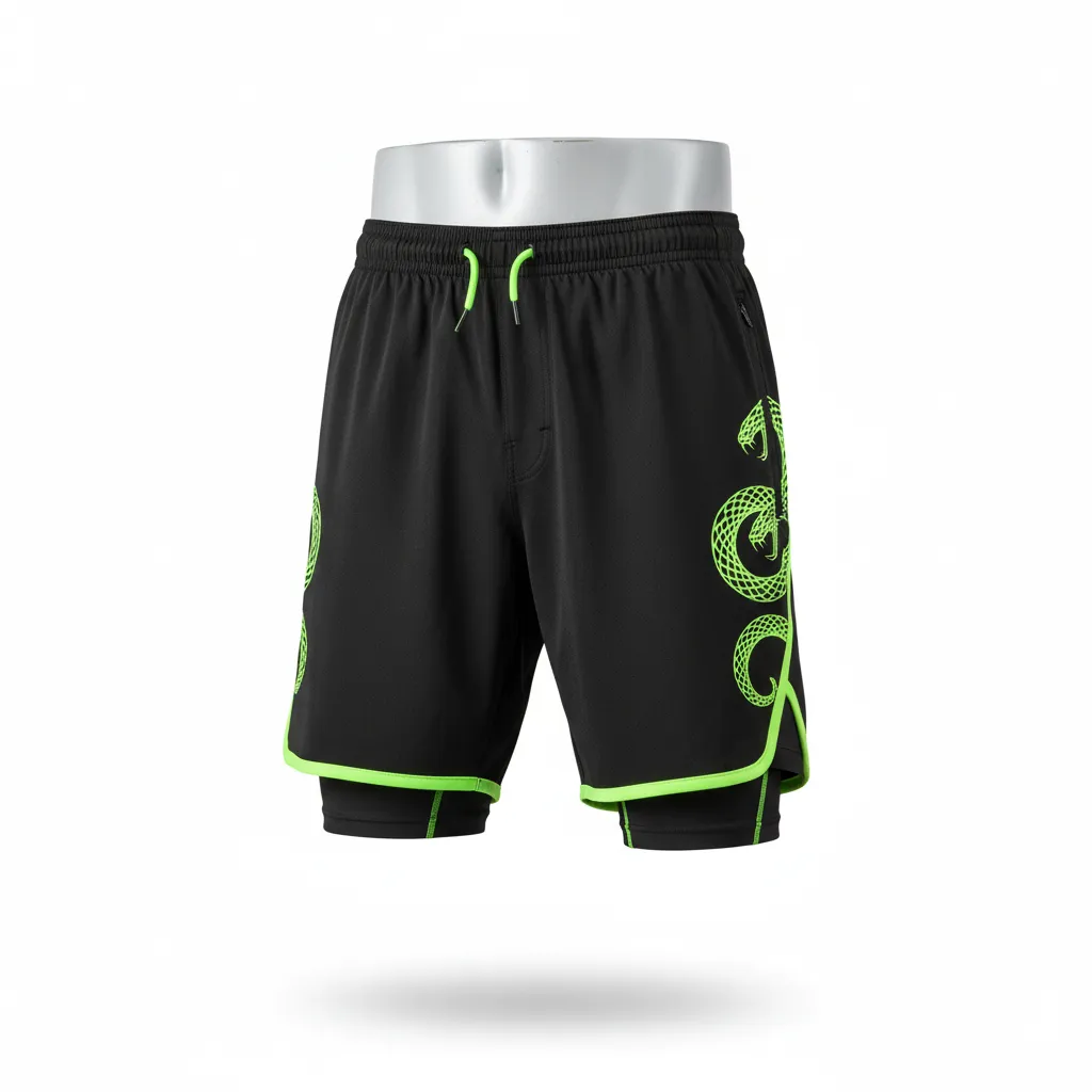 Custom Lacrosse Training Shorts - Black, Green - Training Shorts Neon Serpent Strike - Front View - HAMCO Sports Inc.