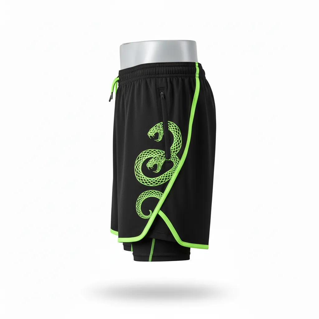 Custom Lacrosse Training Shorts - Black, Green - Training Shorts Neon Serpent Strike - Side View - HAMCO Sports Inc.